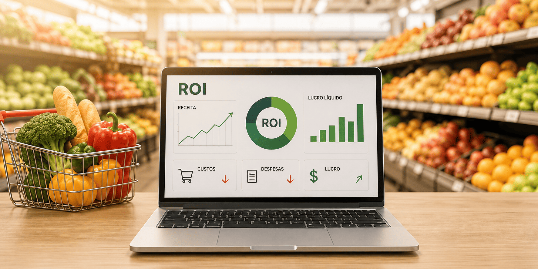 ROI no mercado alimentício - A imagem mostra um hortifrúti de fundo com um notebook em primeiro plano com a palavra ROI e diversos gráficos. Ao lado do notebook há uma cestinha em formato de carrinho de supermercado com legumes dentro.