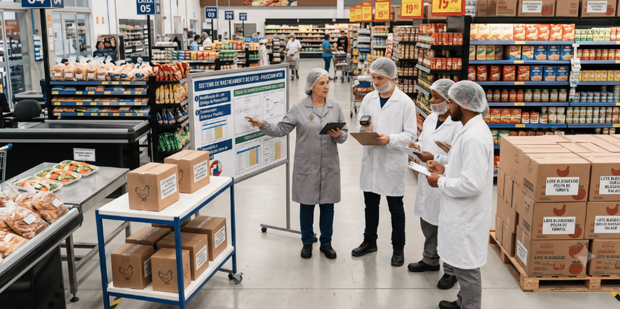 Recall de Produtos - Funcionários e touca e jaleco em um supermercado. Eles estão recebendo instruções em um quadro.