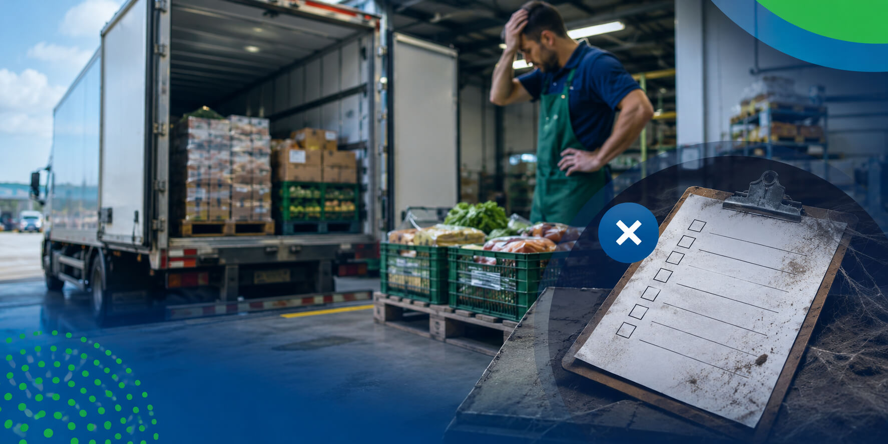 Checklist esquecido. Caminhão com produtos alimentícios, homem com mão na cabeça em frente ao caminhão e no canto um checklist em branco com teias de aranha.