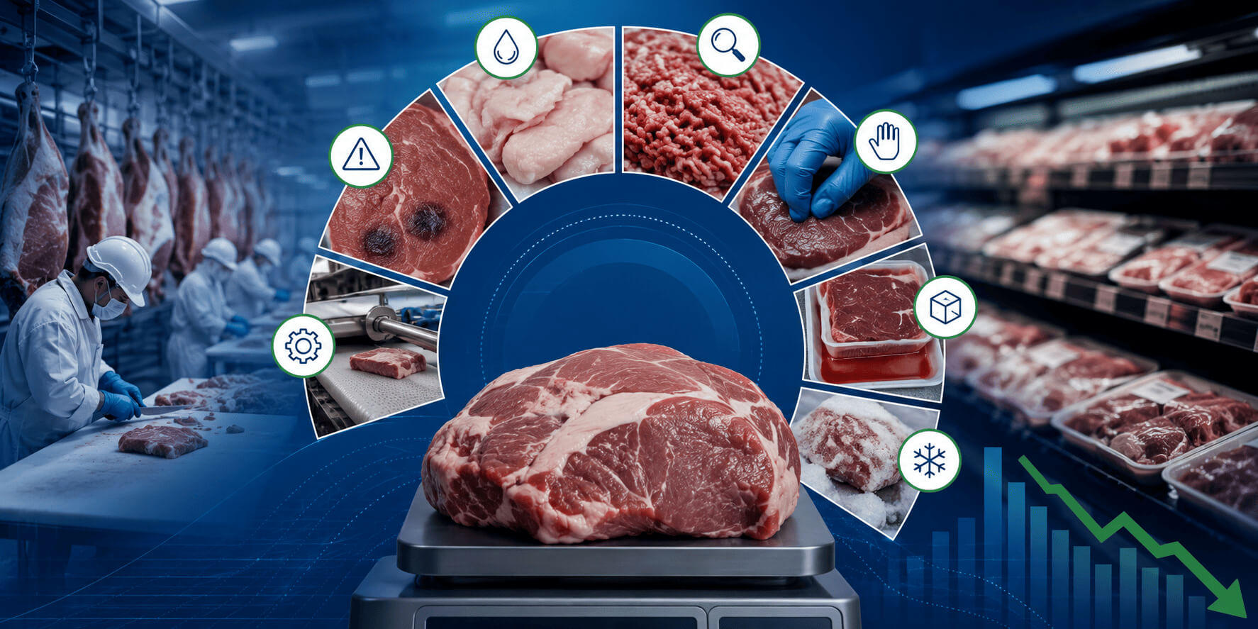 Produtos cárneos. A imagem mostra de um lado uma indústria de carnes e do outro, bandejas de carnes nas prateleiras. Ao centro há sete destaques de imagens que mostram erros de qualidade em produtos cárneos.