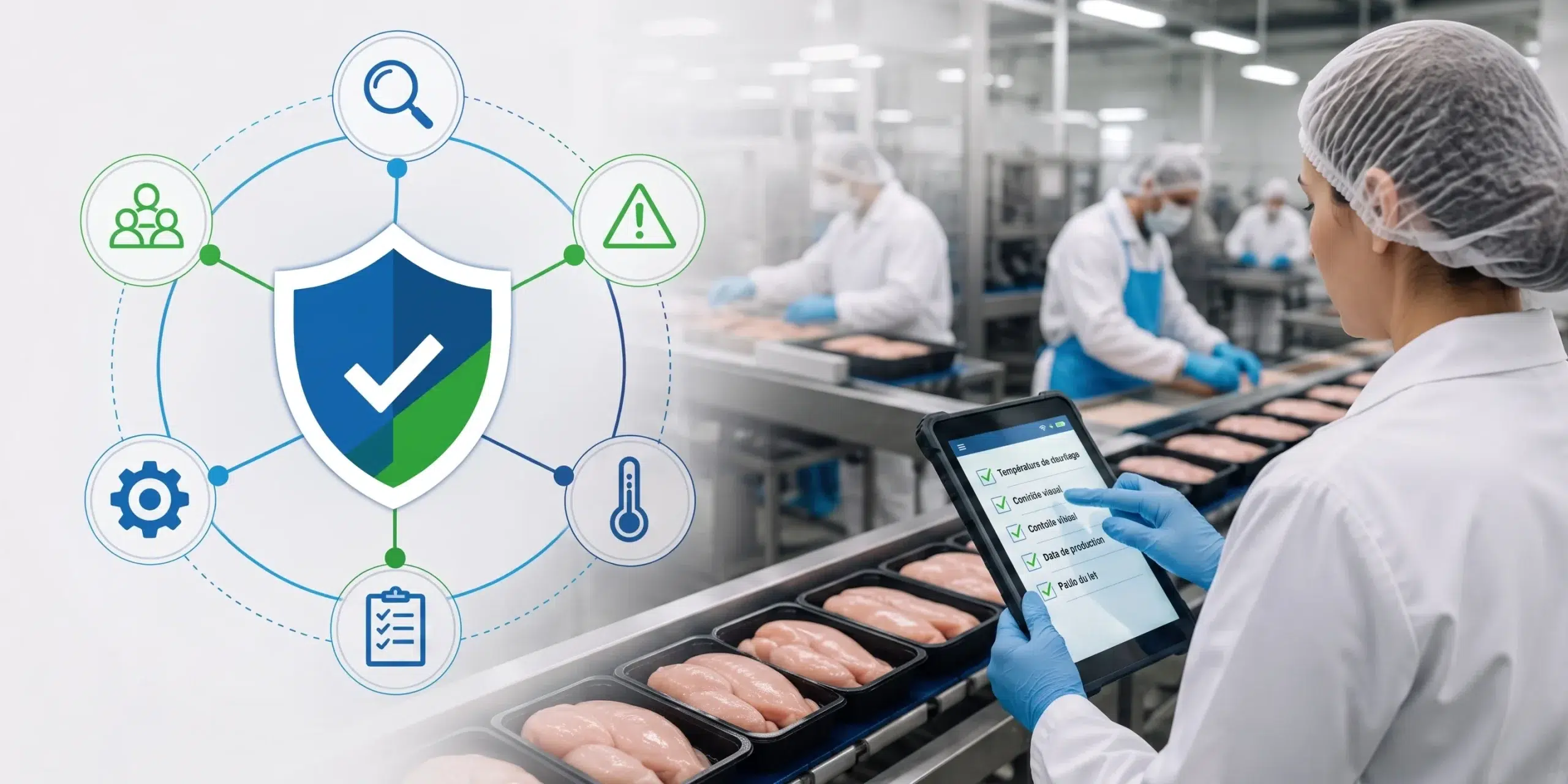 Análise de Perigos e Pontos Críticos de Controle (APPCC) - A imagem mostra funcionários trabalhando em uma indústria de frango. Um deles está com um tablet na mão preenchendo um checklist digital. Há um ícone também que aponta para outros seis ícones menores.