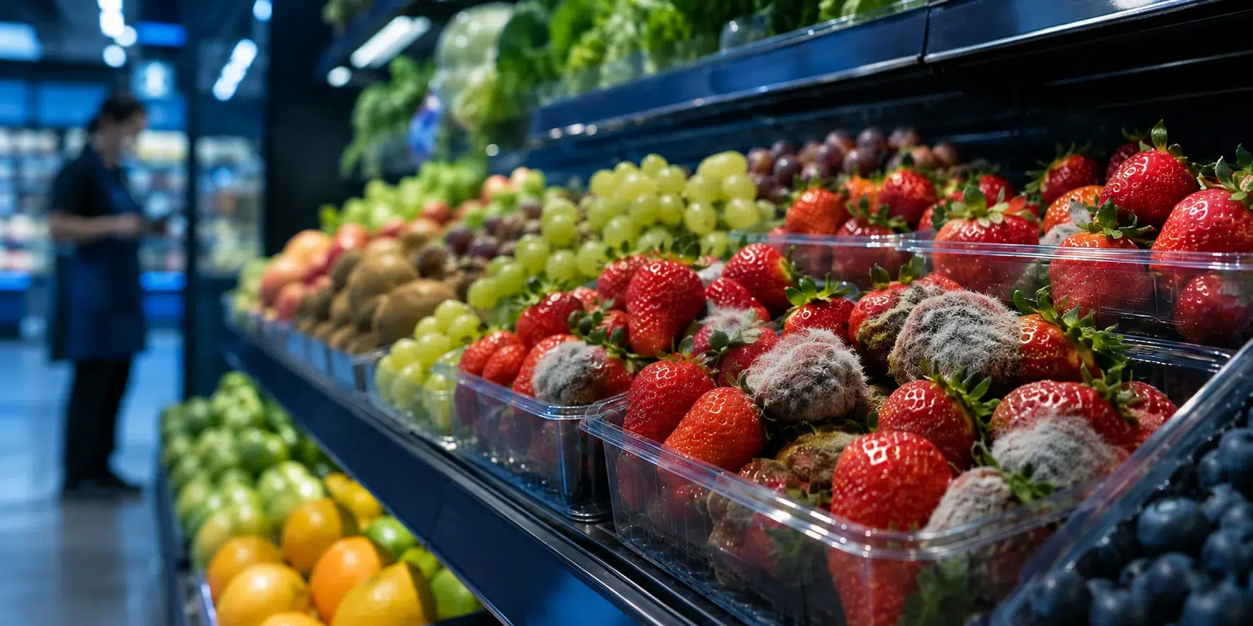 Mofo Cinzento - Frutas e verduras expostas em uma gôndola de supermercado e algumas delas apresentando podridão cinzenta