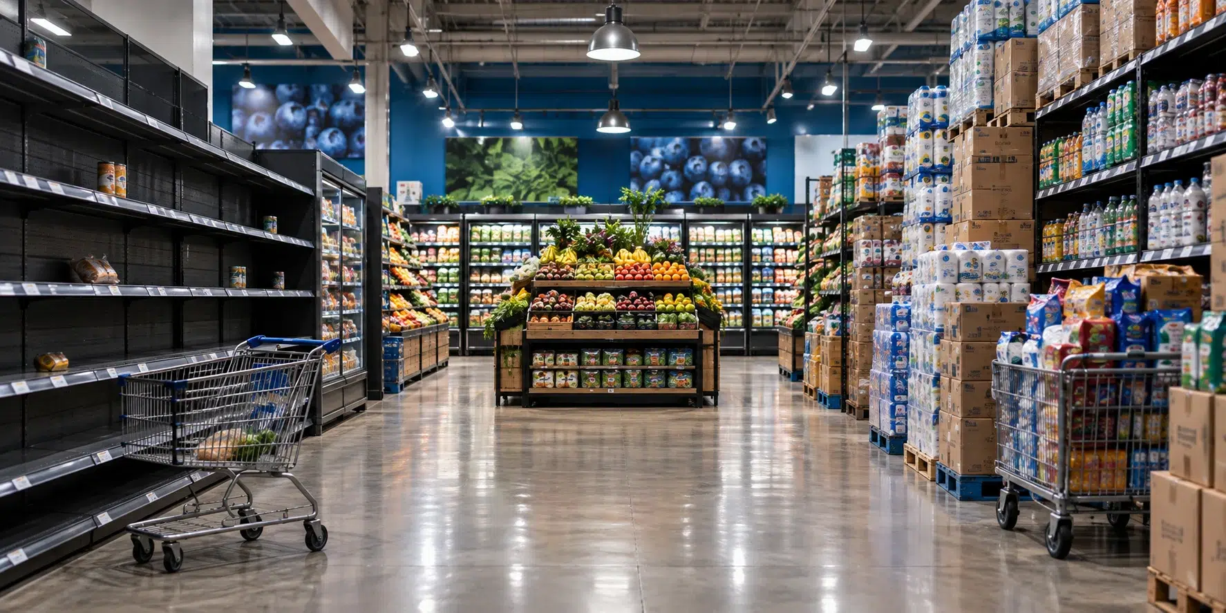 Ruptura de estoque vs. excesso de inventário - A imagem mostra um supermercado com prateleiras vazias de um lado e cheias do outro lado.